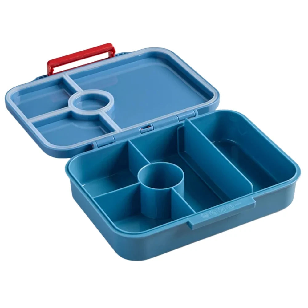 Tractor Ted Farmyard Lunch Box open to show blue divided food compartments, circular section, hinged lid and red carry handle on a white background.
