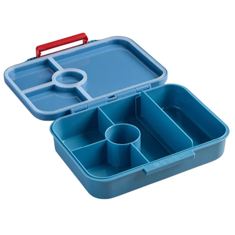 Tractor Ted Farmyard Lunch Box open to show blue divided food compartments, circular section, hinged lid and red carry handle on a white background.