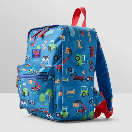 Tractor Ted Farmyard Rucksack at an angle showing the printed blue fabric, side construction and red carrying handle.