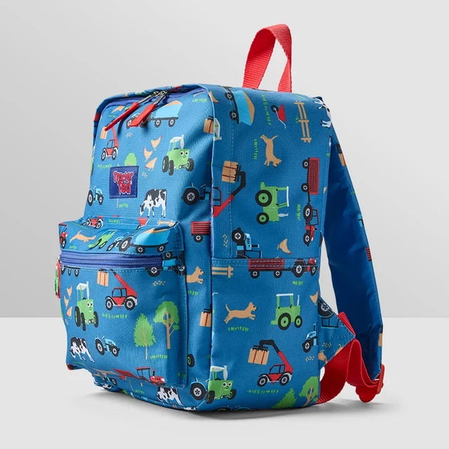Tractor Ted Farmyard Rucksack at an angle showing the printed blue fabric, side construction and red carrying handle.