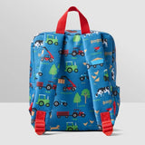 Rear of the Tractor Ted Farmyard Rucksack showing blue farmyard patterned fabric, red shoulder straps and top carrying handle.