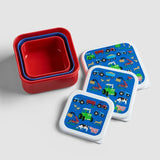 Three open Tractor Ted Farmyard Snack Pots nested inside one another, with their matching white lids displayed separately showing colourful farm illustrations.