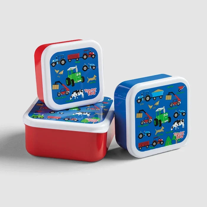Three Tractor Ted Farmyard Snack Pots in red and blue, arranged in a stacked display with white lids featuring colourful tractors, farm machinery and animals.