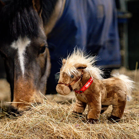 Tractor Ted Herb The Pony Soft Toy standing on straw bale with brown plush body, cream muzzle, red rosette and real horse visible in background