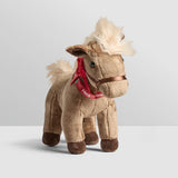 Tractor Ted Herb The Pony Soft Toy front view showing soft brown fur, cream nose, stitched smile, red rosette on ribbon collar and brown hooves