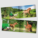 Open inside pages of Tractor Ted Herb’s Surprise Storybook showing farm track scene with Tractor Ted, pony, sheep, duck and foal in green field