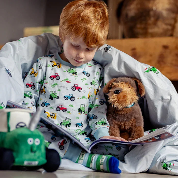 Child wrapped in Tractor Ted themed duvet reading Tractor Ted Hide and Seek Storybook with Midge the dog beside him