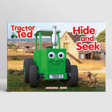 Tractor Ted Hide and Seek Storybook front cover showing green Tractor Ted character and brown Midge dog on farm scene