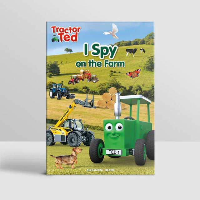 Tractor Ted I Spy on the Farm Book front cover showing green Tractor Ted character with magnifying glass and farm scene illustration