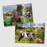 Open inside spread of Tractor Ted I Spy on the Farm Book showing farmyard search and find scene with tractors, animals and illustrated spotting prompts
