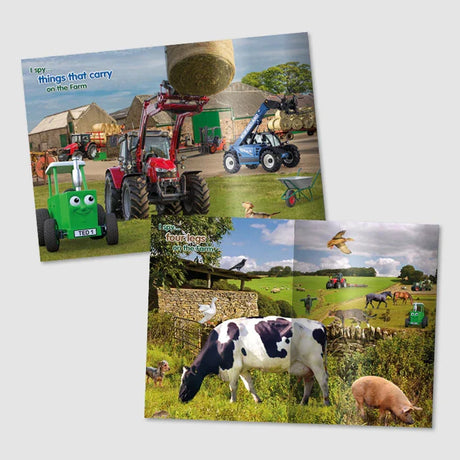 Open inside spread of Tractor Ted I Spy on the Farm Book showing farmyard search and find scene with tractors, animals and illustrated spotting prompts