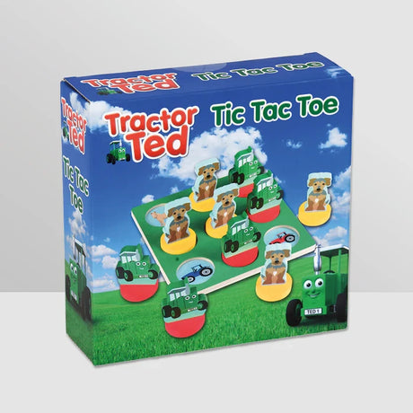 Tractor Ted Tic Tac Toe product box shown at an angle with game board and pieces illustrated on the packaging