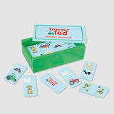 Tractor Ted Wooden Farm Dominoes pieces laid out beside green sliding lid storage box