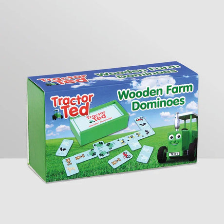 Tractor Ted Wooden Farm Dominoes retail packaging box showing game contents and farm themed design
