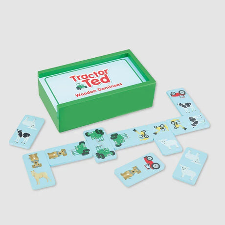 Tractor Ted Wooden Farm Dominoes open wooden storage box with illustrated domino pieces featuring tractors and farm animals