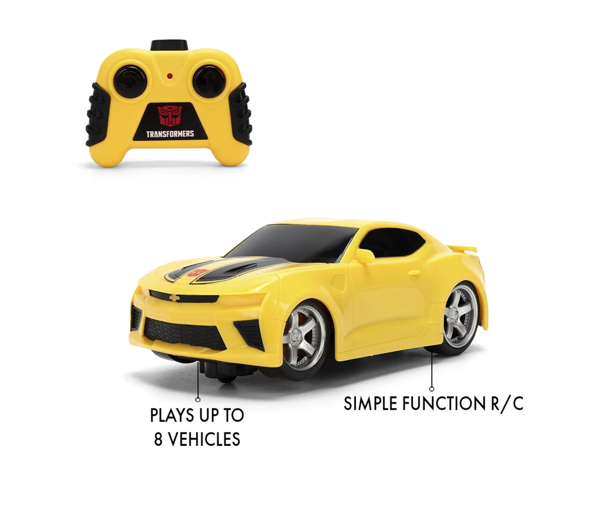 Transformers Bumblebee RC feature graphic showing the yellow Transformers remote controller, with labels for simple function radio control and operation of up to eight vehicles.