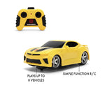 Transformers Bumblebee RC feature graphic showing the yellow Transformers remote controller, with labels for simple function radio control and operation of up to eight vehicles.