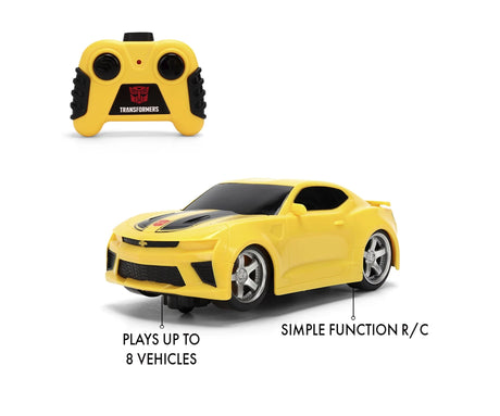 Transformers Bumblebee RC feature graphic showing the yellow Transformers remote controller, with labels for simple function radio control and operation of up to eight vehicles.