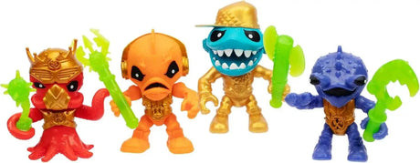 Four Treasure X Shark Dissection collectible figures in red, orange, gold and blue, each with green weapon accessories and detailed character designs