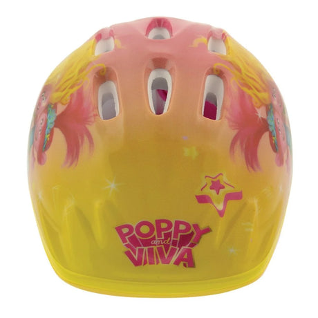 Front view of a Trolls kids helmet showing colourful Poppy and Viva artwork and multiple ventilation openings