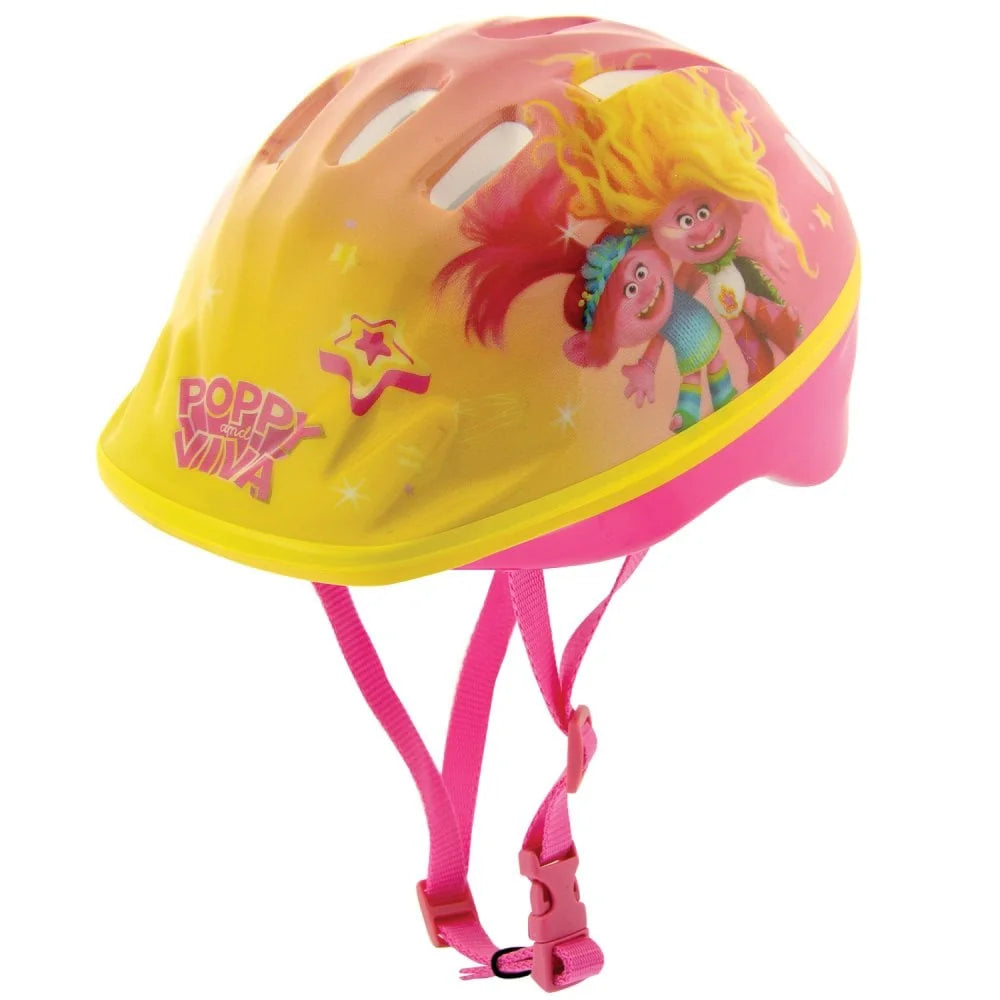 Side view of a Trolls kids helmet with bright Poppy and Viva graphics, vents, and black straps on a white background