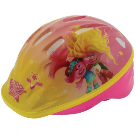 Side angled view of a Trolls kids helmet featuring Poppy and Viva characters with vents and adjustable black straps