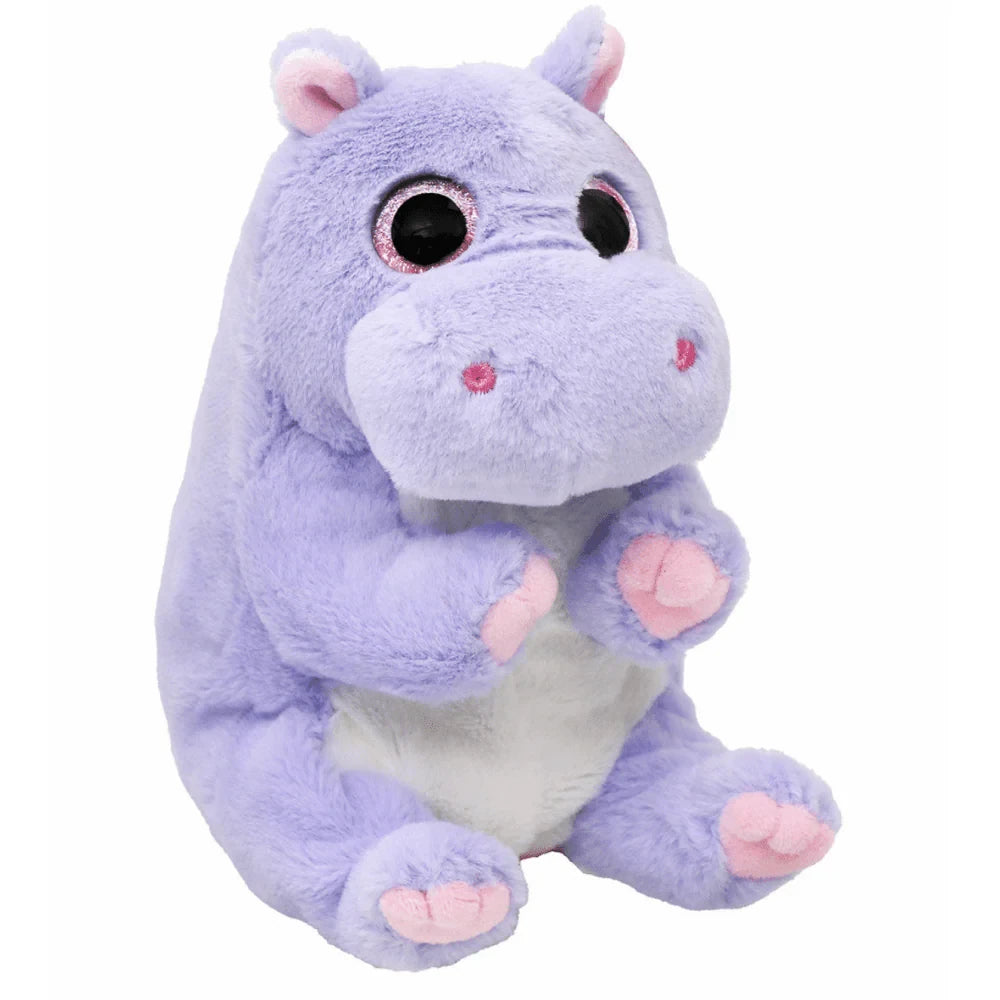 Ty Beanie Bellies Henrietta Hippo plush close angled front view with purple fur and pink feet 