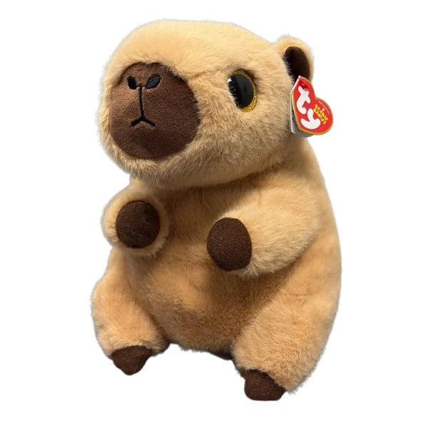 Ty Beanie Bellies Lara Capybara plush angled front view with brown nose and red TY heart tag