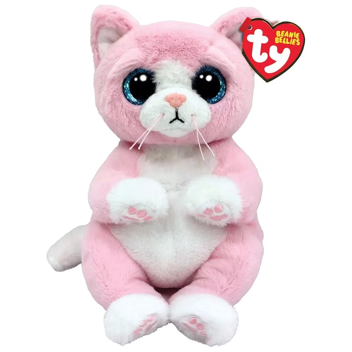 Ty Beanie Bellies Lillibelle Pink Cat soft toy front view with blue glitter eyes and pink paw pads