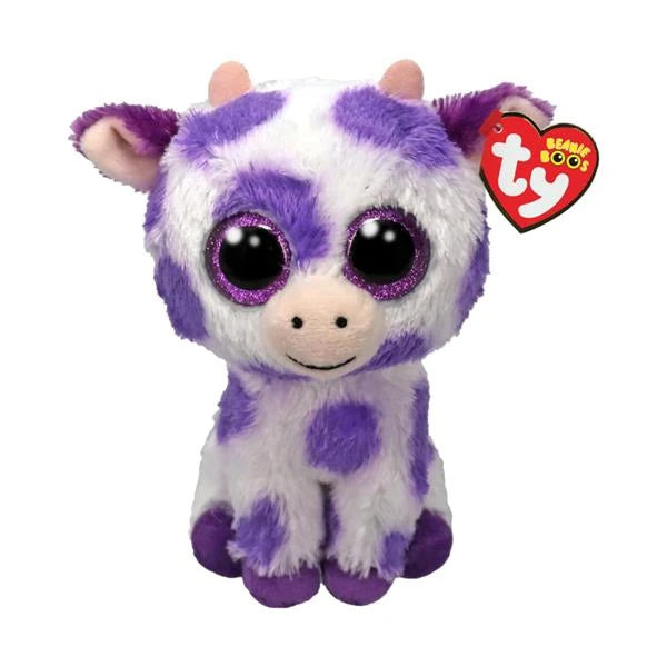 Ty Beanie Boo Ethel Cow plush front view with red TY heart tag