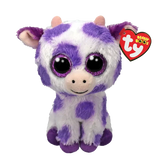 Ty Beanie Boo Ethel Cow soft toy with purple spots and sparkly eyes