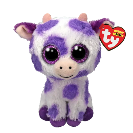 Ty Beanie Boo Ethel Cow soft toy with purple spots and sparkly eyes