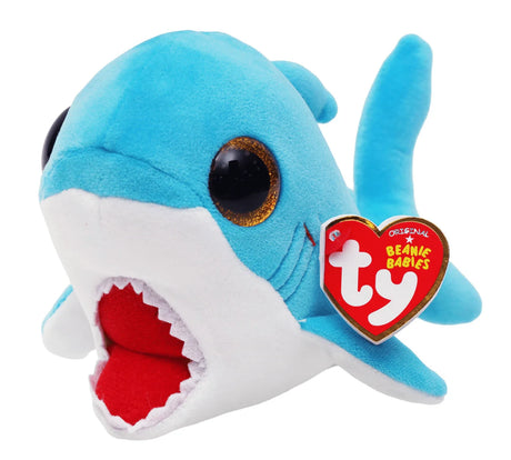 Ty Beanie Boo Finsley Shark soft toy close angled view with amber glitter eye and red TY heart tag
