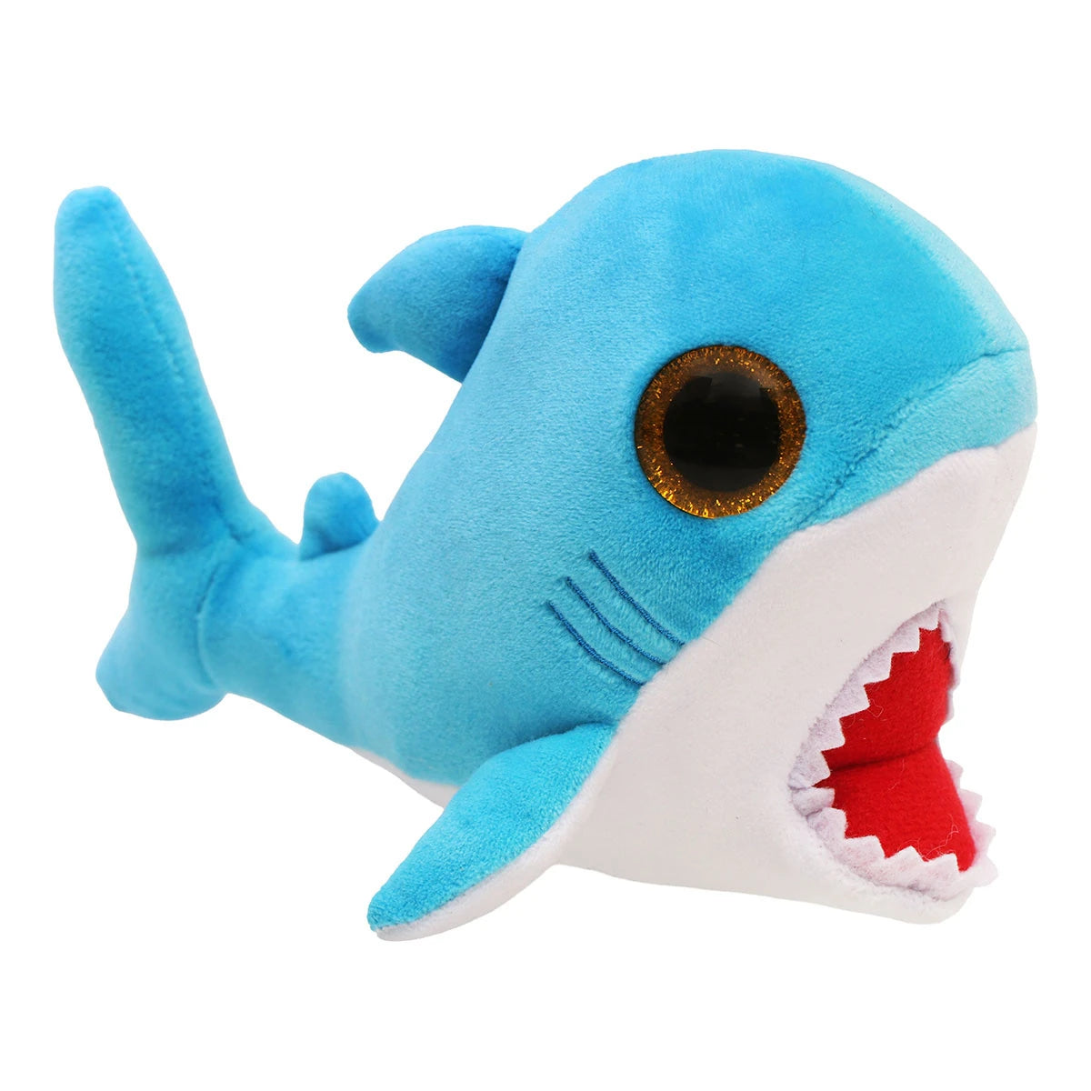 Ty Beanie Boo Finsley Shark plush side view with open red mouth and blue fins