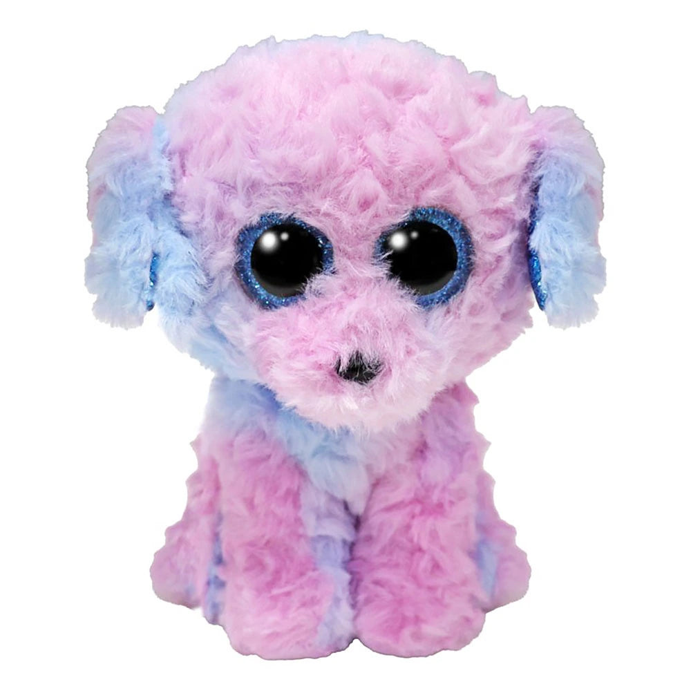 Ty Beanie Boo Flora Poodle plush front view with blue ears and pink body