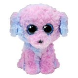 Ty Beanie Boo Flora Poodle plush front view with blue ears and pink body
