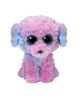 Ty Beanie Boo Flora Poodle plush full body front view with blue ears and pink legs