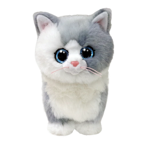 Ty Beanie Boo Furley grey and white cat plush front view with blue glitter eyes