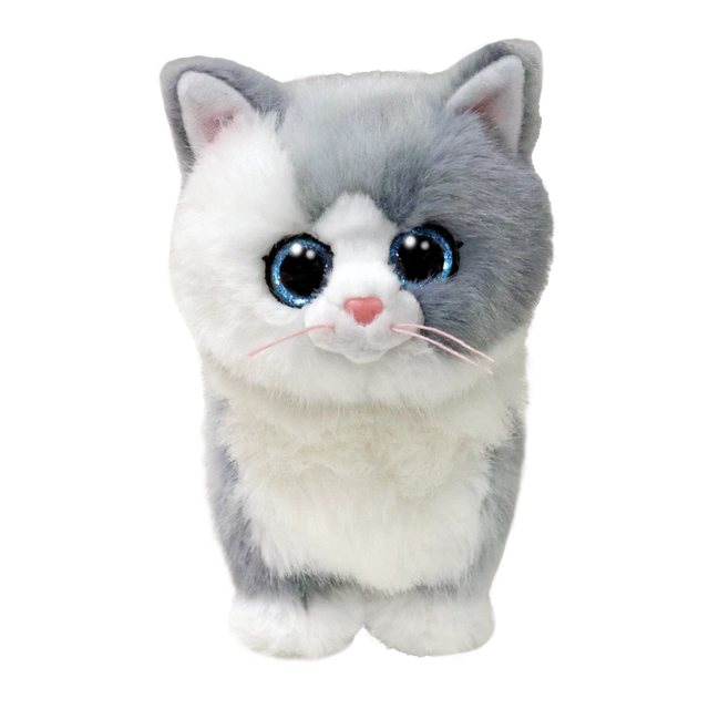 Ty Beanie Boo Furley grey and white cat plush front view with blue glitter eyes