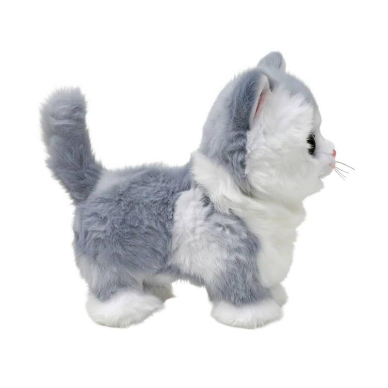 Ty Beanie Boo Furley grey and white cat plush side view with raised tail