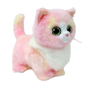 Ty Beanie Boo Lady Pink Cat soft toy angled front view with green glitter eyes