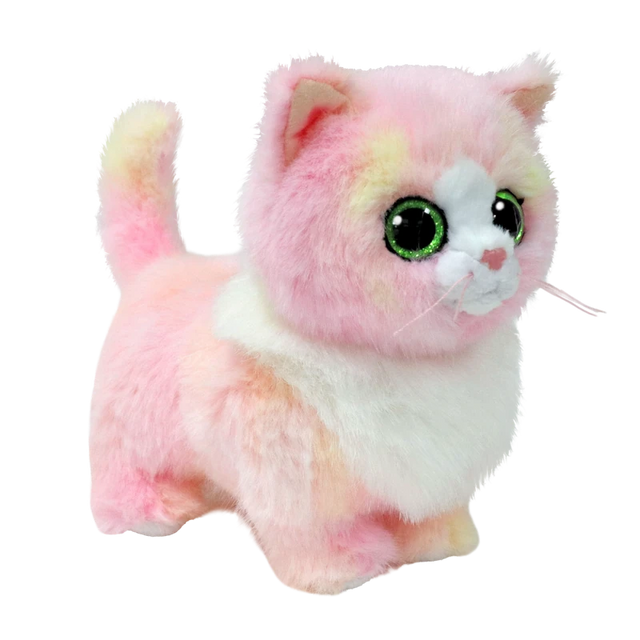 Ty Beanie Boo Lady Pink Cat soft toy angled front view with green glitter eyes