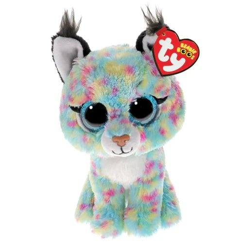 Ty Beanie Boo Lynx Bobcat soft toy front view with blue glitter eyes and black ear tufts
