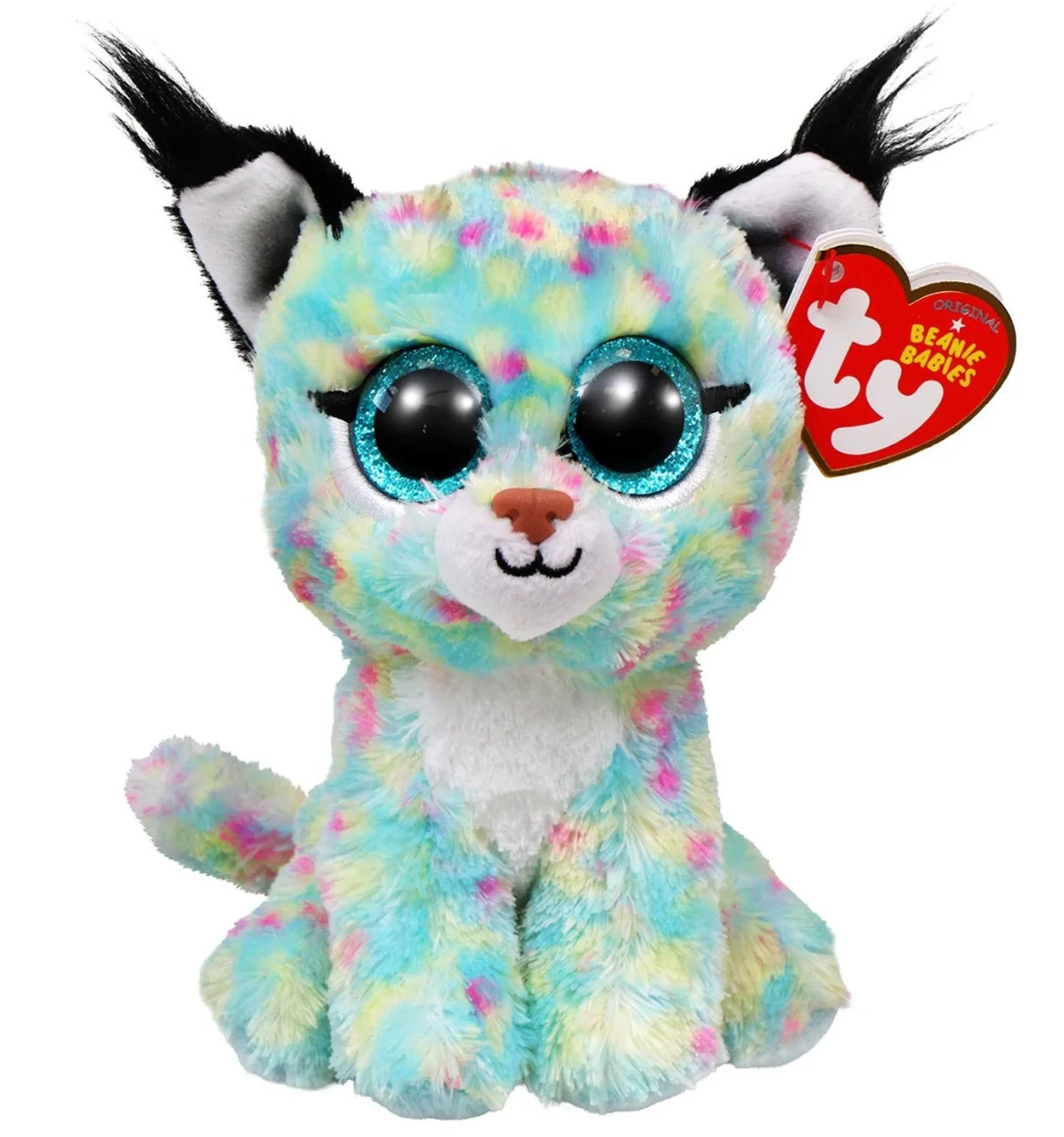 Ty Beanie Boo Lynx Bobcat plush seated front view with visible tail and red TY heart tag
