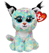 Ty Beanie Boo Lynx Bobcat plush seated front view with visible tail and red TY heart tag