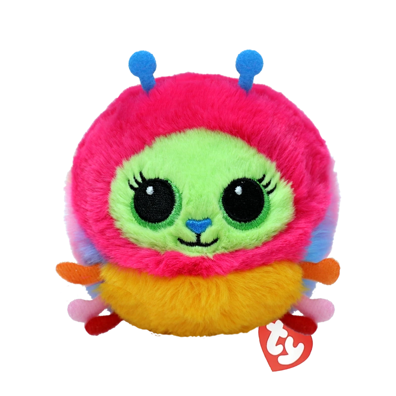 TY Beanie Bouncer Crystal Caterpillar front view with rainbow plush colours, orange legs and red TY heart tag