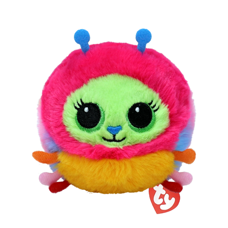 TY Beanie Bouncer Crystal Caterpillar front view with rainbow plush colours, orange legs and red TY heart tag