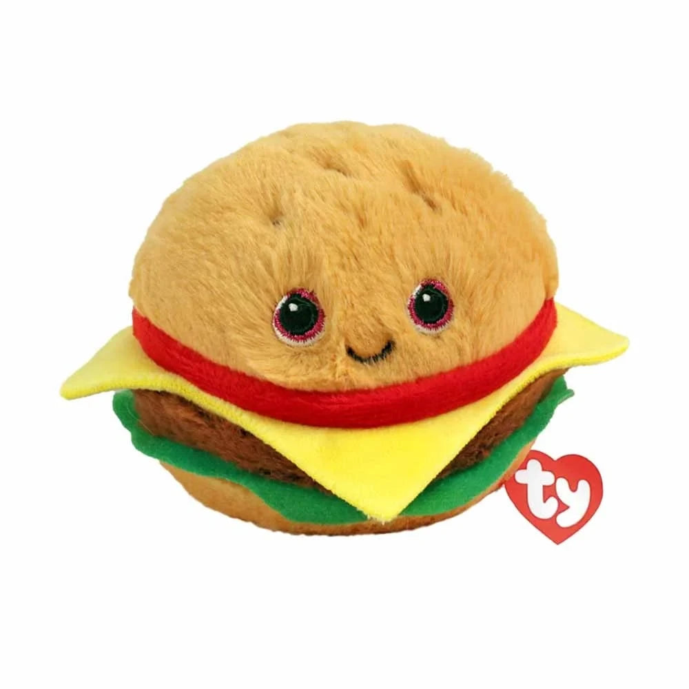 Ty Beanie Bouncers Buns Hamburger soft toy front view with yellow cheese layer and red TY tag