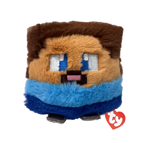 Ty Beanie Bouncers Minecraft Steve plush front view with red TY heart tag and grey feet