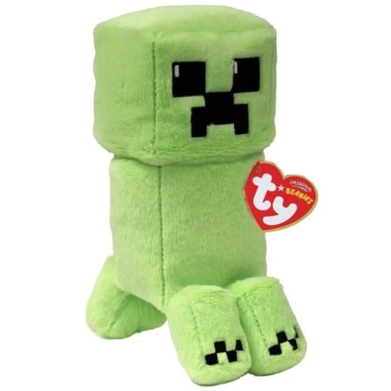 TY Minecraft Creeper Beanie Baby with green plush body, black pixel face and red TY heart tag